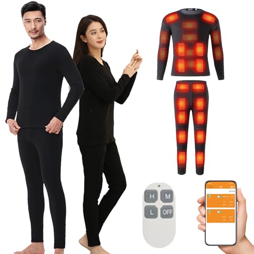 Femxizor Conjunto De Ropa Interior Térmica Calefactada Unisex 32 Zonas De Calefacción Camiseta Térmica Eléctrica Juego De Calzoncillos Largos Control De Aplicaciones para Exterior,XS,Black