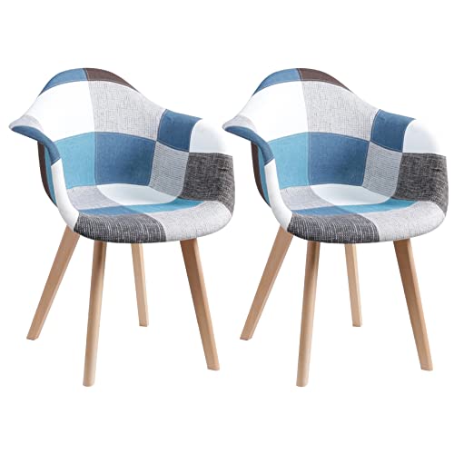 EGOONM Juego de 2 Sillones Patchwork, Sillas de Comedor en Lino Ideal para Comedor, Salón, Cafetería, etc. (Azul)