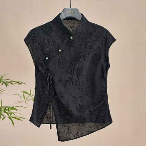 Women's Retro Chinese Style Cheongsam Top Summer Black Jacquard Short Sleeve Button Blouse T-Shirt2