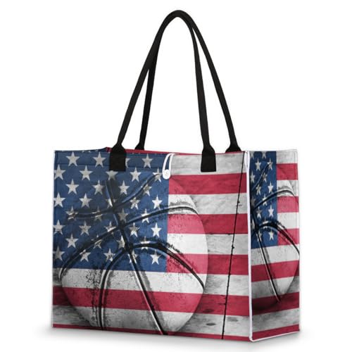 America Flag Basketball Tote Bag for Women Large Beach Bag Reusable Tote Bags for Work Travel Beach Shopping