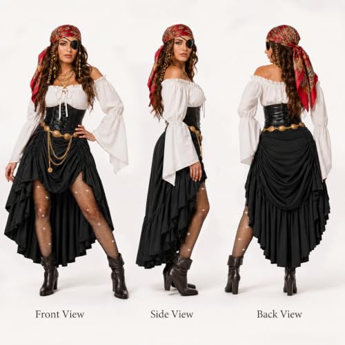 RYJJEEST Déguisement Pirate Femme 9 Pièces, Costume Pirate Médiéval avec Corset, Haut, Jupe Réglable, Ceinture, Foulard,Costume Renaissance pour Halloween Carnaval Cosplay Soirée à Thème (Noir, XL) – vue 2