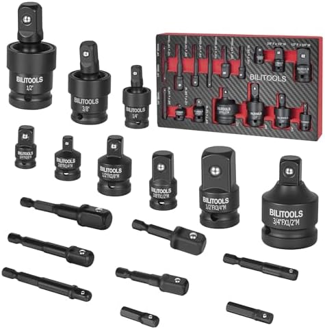 BILITOOLS Impact Socket Adapter Set, 17-Piece Socket Adapter & Drill Bit Adapter Kit with 1/4" 3/8" 1/2" Drive Reducers & Universal Joint, Cr-V/Cr-Mo Steel for Automotive Repair DIY Projects