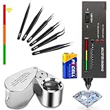 Diamond Tester Pen, 40X Full Metal Jewelers Eye Loupe,6PCS Precision Upgraded Anti-Static Stainless Steel Curved of Tweezers Set,Professional Diamond Selector for Novice and Expert