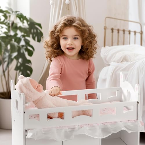 ROBUD Baby Doll Crib, Wooden Doll Bed, Baby Crib Toy with Storage, Bedding, Storage Bag and 3 Hooks, 18-21 inch Doll Accessories, American Girl Doll Furniture Ages 3+ (White)