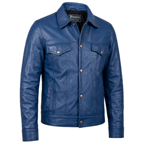 Image of Vintage Style Trucker Leather Jacket Men Real Lambskin Vintage Trucker Shirt Collar Mens Leather Jackets