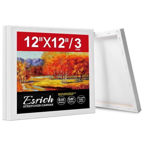 ESRICH Stretched Canvas for Painting 12x12 Inch 3 Pack Square Painting Canvas -5/8 in Profile Primed Cotton White Blank Canvases for Painting for Oil & Acrylic Paint