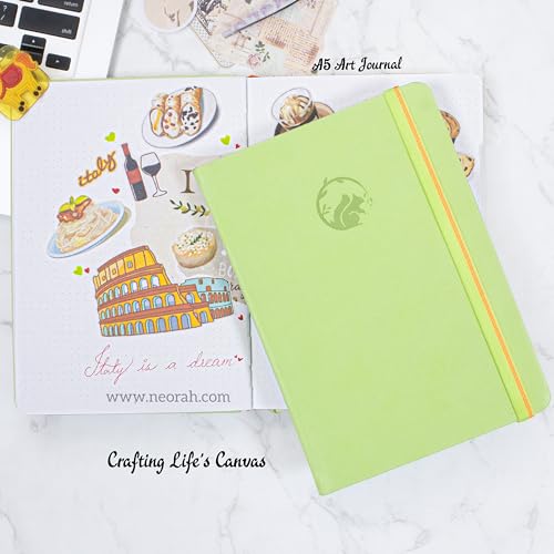 Image of NEORAH - A5 - ART JOURNAL | 200 Gsm Dotgrid Notebook | 160 Pages(21.0 x 14.8 cm) |Hard Cover|3 Bookmarks | Elastic Closure | Back Pocket | Ideal - Bujo,Drawing & Painting,Junk Journal (Light Green)