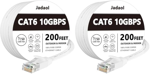 Image of Jadaol Cat6 Ethernet Cable 200FT with Clips 10Gbps Flat Network Cable White (Pack of 2)