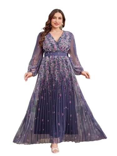 Image of Spring Summer 2024 Plus Size Womens Dresses V Neck Casual Elegant Long Sleeve Floral Print Maxi Dress