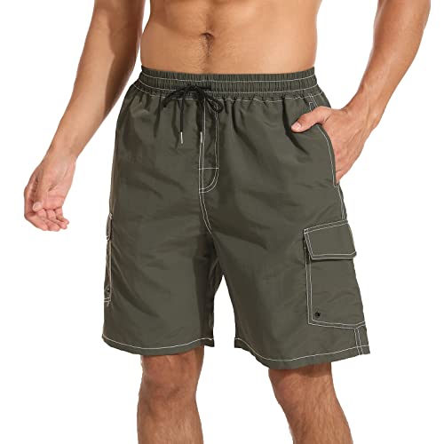 Image of JustSun Mens Swimming Shorts Quick Dry Swim Shorts Waterproof Swimming Trunks Men Board Shorts with Mesh Lining Beach Surf Shorts with Pockets ArmyGreen M