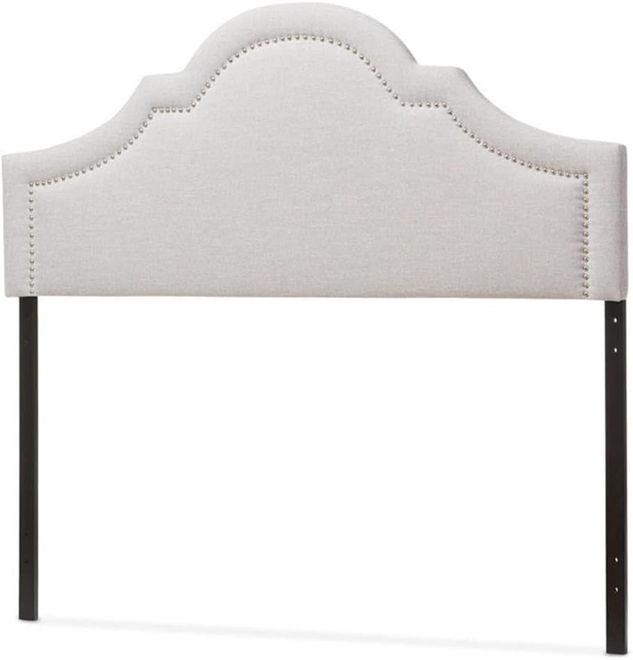 Pemberly Row Modern Queen Upholstered Headboard, Grayish Beige Polyester Fabric, Solid Rubberwood Frame, Curvy Design with Silver Nail Head Trim, Adjustable Height, Durable Bedroom Accent Furniture