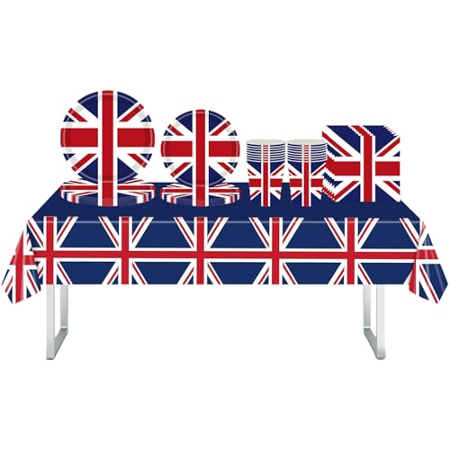 Union Jack Party Tableware Set 69Pcs Union Jack Party Decorations with UK Plastic Table Cloth Paper Plates Napkins and Cups British Tableware for 80 Years Victory In Europe WW2 1945-2025 Decorations