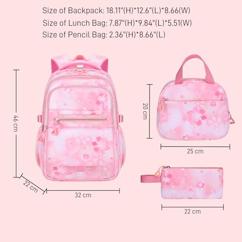 3Pcs Set Backpacks for Girls Teen, Cute Flowers School Bag Girls Bookbags with Lunch Box Pencil Bag, Multi-Pockets Kids Backpack for Elementary & Middle School, Pink3