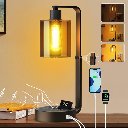 Aialun Industrial Table Lamp,Dimmable Bedside Lamps Nightstand for Bedroom USB A/C Charging Ports,Alarm Clock Aialun Industrial Table Lamp,Dimmable Bedside Lamps Nightstand for Bedroom USB A/C Charging Ports,Alarm Clock Bluetooth Speaker Lamp,Adjustable Height 2700K Warm Light Desk Touch Lamp for Living Room