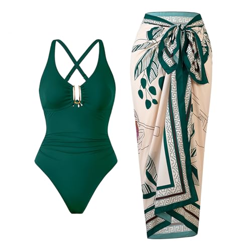 BAWHAHT One Piece Swimsuit Women with Cover Up Set Retro Bathing Suit for Women Tummy Control Beach Wrap Skirt Green