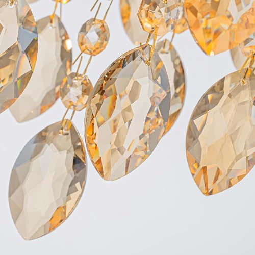 Pine Flicker 4-Lights Drum Capiz Shell Crystal Chandelier, Coastal Style Pendant Light Fixture for Dining Room, Living Room, D18 x H21~68 inch (Adjustable), Champagne Crystal & Gold Finish - Image 6