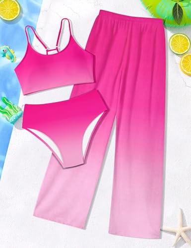 Image of NECIOUS Girls Swimsuit, 3 Piece Bikini Bathing Suit Tropical Floral Swimwear with Cover Up Pants 7-16Y