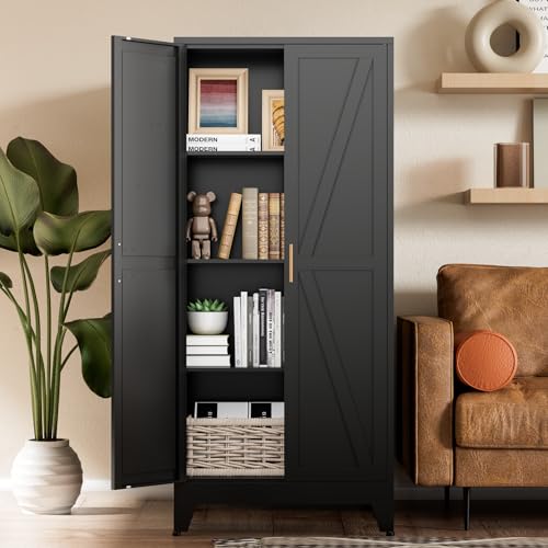 COFaR Black Farmhouse Storage Kitchen Pantry Cabinet with 2 Barn Door, 3 Adjustable Shelves and Legs, for Cupboard/Dining Room/Bathroom/Living Room/Office/Laundry Room (Black, 61' Farmhouse)