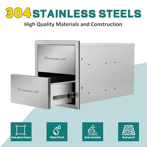 Image of Outdoor Kitchen Drawers 14 inch W x 15 inch H x 23 inch D Stainless Steel Drawer BBQ Double Drawers with Chrome Handle for Outdoor Kitchen Island, Patio Grill Station