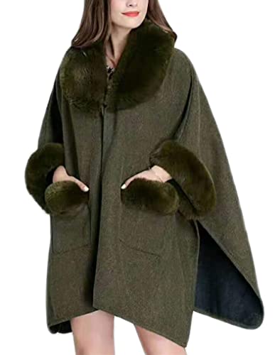 Image of Women Poncho with Pocket Warm Cashmere Cardigan Cape with Rabbit Fur