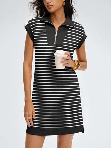 Image of ANRABESS Womens Summer Casual Half Zip Cap Sleeve Trendy Wrinkle-Free Tshirt Dress 2026 Spring Beach Vacation Short Dresses