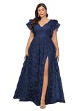 MIMIFINA Women's Plus Size V Neck Ruffled Sleeve Embroidered Lace Maxi Dress with High Slit Formal Evening Gown for Weddings Navy Blue