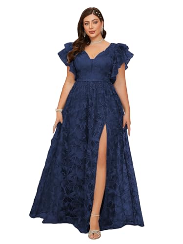 Women's Plus Size V Neck Ruffled Sleeve Embroidered Lace Maxi Dress with High Slit Formal Evening Gown for Weddings