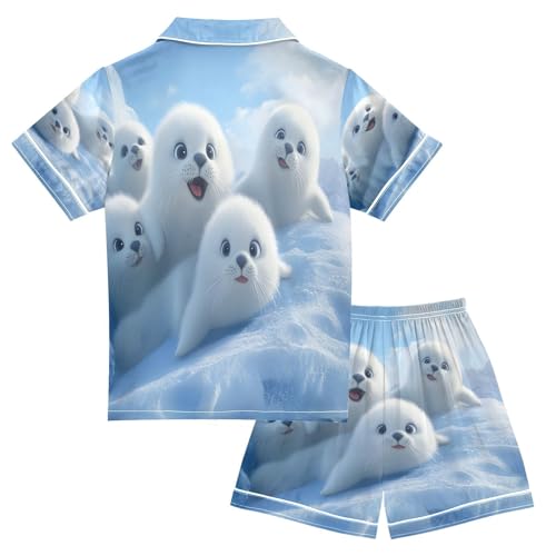 ALAZA White Harp Seal Satin Pajamas Set Short Sleeve Button Down Sleepwear Summer Pjs 2 Piece2