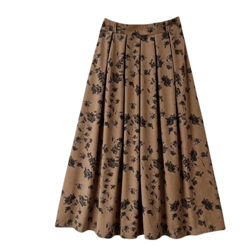 Women Casual Skirts Vintage Corduroy Printing A-Line Elastic Pleated College Style Skirt