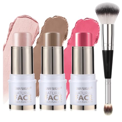 Joyeee 3Pcs Contouring Sticks avec Pinceau, Highlighter & Blush & Contour, non gras et résistant à l'eau, facile à sculpter le visage et à créer un maquillage de finition léger