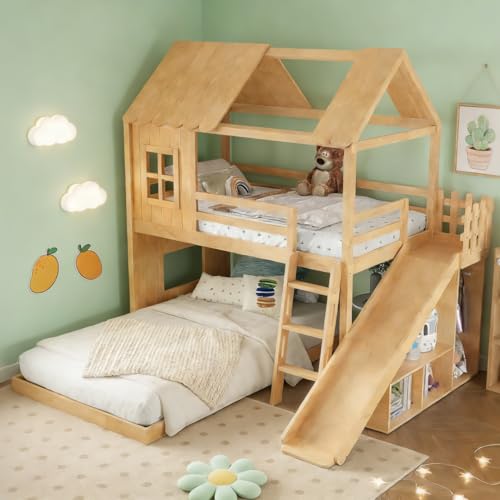 Image of Bellemave Bunk beds Twin Over Full with Slide,Ladders,Bookshelf and Wardrobe House roof Design, Low bunk /loft Bed for Kids, Natural