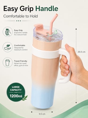 Image of Arova Stainless Steel Insulated Travel Mug 1200ml with Handle & Straw | Double Wall Vacuum Tumbler with Lid | Leak Proof Large Coffee Mug for Office, Car, Gym | Hot & Cold Thermal Cup (Beige)