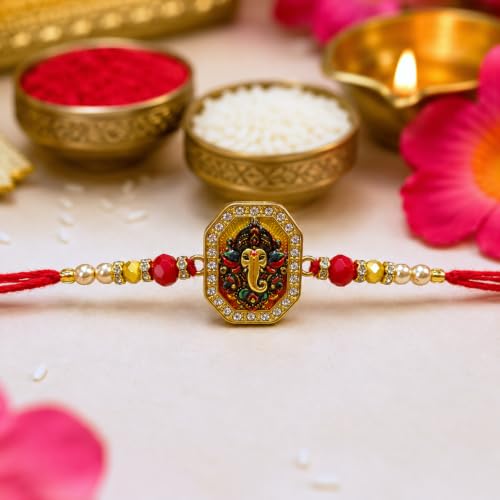 Image of EXPLEASIA Mukut Ganesha Idol with Wooden Temple with Rakhi for Home mandir Temple Car Dashboard Gift Items Festival Item showpiece