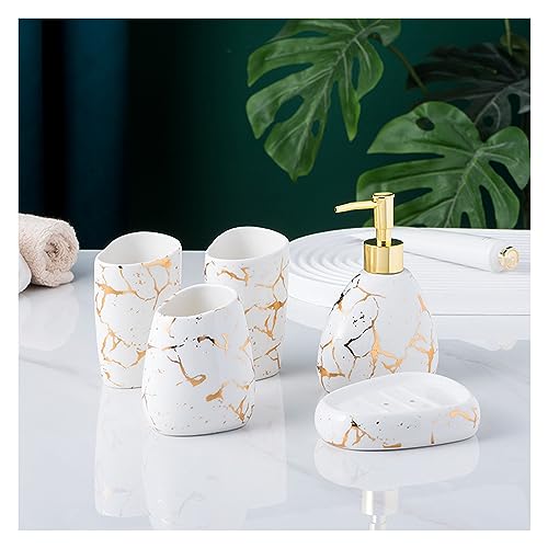 Zielony 5-częściowy zestaw dozowników mydła łazienkowego – ceramiczny dozownik mydła mydelniczka 2 kubki na szczoteczki do zębów i uchwyt elegancki złoty marmurowy wzór stylowa dekoracja domu