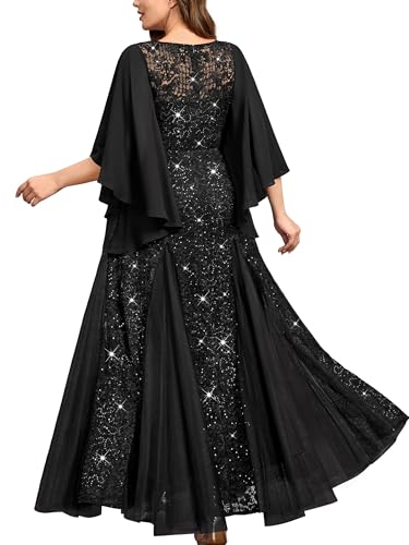 MISSMAY Women's Plus Size Sequins Lace with Ruffle Cape Cloak Sleeves Tulle Mermaid Hemline Evening Prom Long Dress2