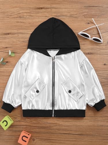 YEAHDOR Kids Boy Girls Metallic Bomber Jacket Long Sleeve Zipper Hooded Sweatshirt Hip Hop Jazz Dance Top Coat3