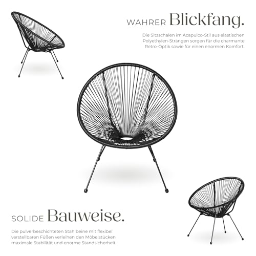 tectake® Set 2X Stuhl 1x Beistelltisch Acapulco, Gartenstuhl, Gartenstühle im Retro Design, Indoor und Outdoor Sessel für Garten, Wintergarten, als Terrassenstühle oder Balkon Sessel - schwarz 3
