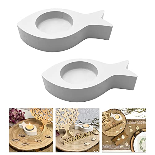 Oblique Unique® Lot de 2 photophores en forme de poisson en bois - Décoration de table pour baptême, communion, confirmation, décoration de baptême (blanc)