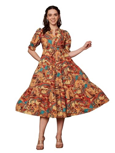 Image of KZULLY | Dress for Women | Midi Dress | Floral Printed | Polyester Fabric | Bell Sleeve Ethnic A-Line | Tiered Fit & Flare | Casual & Festive