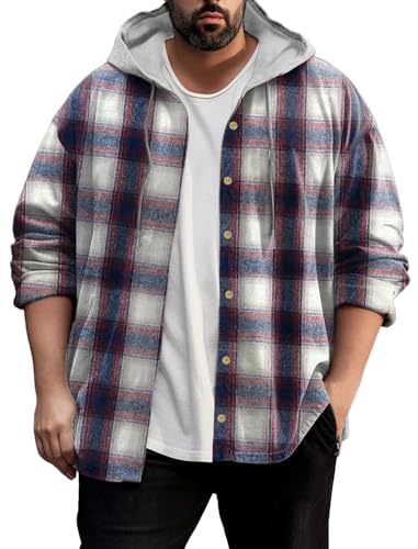 Image of Flannel Hoodie for Men Plaid Flannels Shirts Long Sleeve Lightweight Jacket Casual Button Down Shirt Size 4XL to 9XL