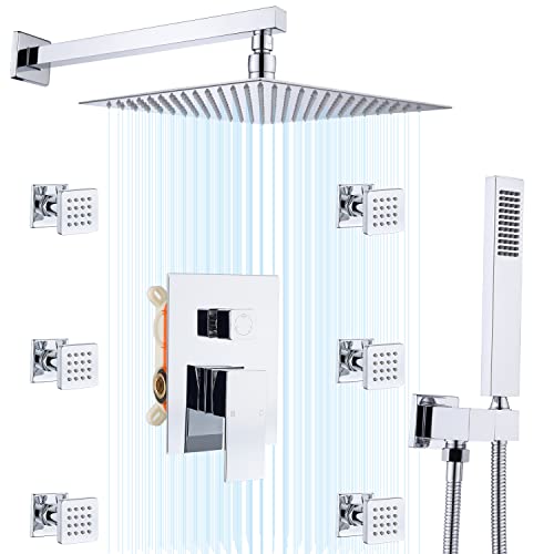 Exclusive Enga 12" Rain Shower System with High Pressure Body Spray Jets (Flow Adjustable) Luxury Square Rainfall Shower Head Bathroom Shower Combo Set, Wall Mounted, Chrome