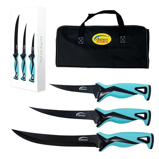 danco Pro Series Roll Up Bag Kit | 5" & 7" Fillet Knives and 9" Stout Knife | Full Tang German G4116 Stainless-Steel Blades with Teflon Coating, Nylon Roll Up Sheath, Perfect for Saltwater Fishing & Hunting (Seafoam)