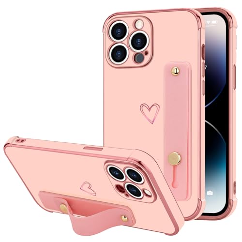 llz.coque for iphone 14 pro max case for women girls, bling luxury plated bumper with love-heart design, adjustable hand strap stand, raised edges shockproof protection for iphone 14 pro max - pink iphone14