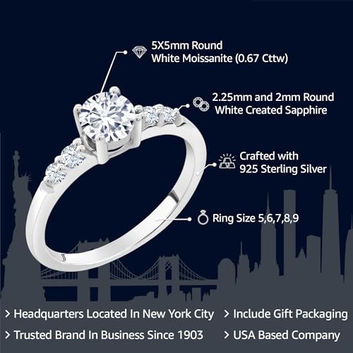 Gem Stone King 925 Sterling Silver White Moissanite and Created Sapphire Engagement Ring For Women (0.67 Cttw, Round 5MM, Available In Size 5,6,7,8,9)2
