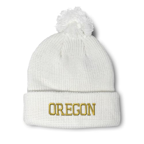 Pom Pom Beanies for Women Oregon State USA America Embroidery Skull Cap United States State Map Names Winter Hats for Men Acrylic 1 Size White Design Only