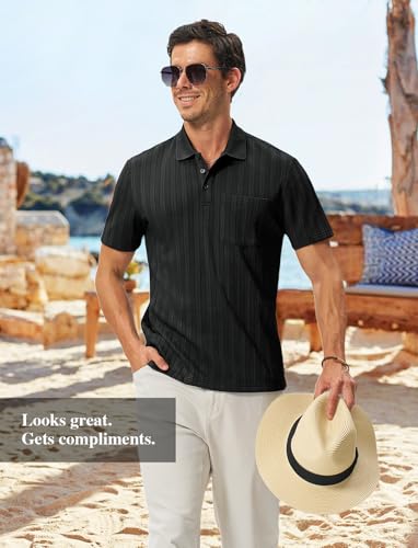 Image of TBMPOY Mens Casual Knit Polo with Pocket Textured Shirts Short Sleeve Classic Summer Vacation