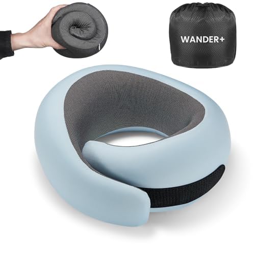 WANDER PLUS® Travel Pillow, 100% Pure Memory Foam Travel Neck Pillow Airplane Neck Support Ergonomic Design Best for Sleeping Plane Car Train Office Flight for Adults Sky Blue