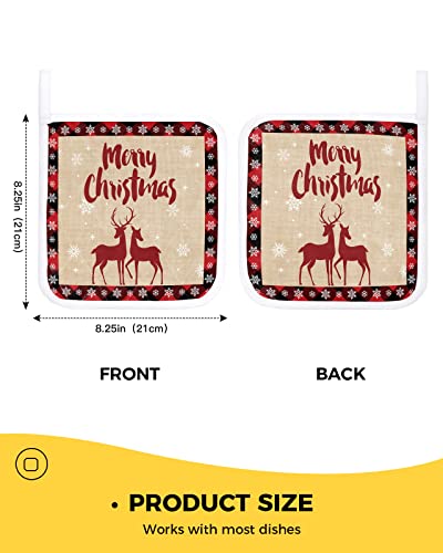 Pot Holder Set Of 2 Christmas Reindeers And Snowflakes Potholder Heat Proof Non-Slip Pot Holders,Farm Burlap And Lattice Plaid Hot Pads Potholders For Kitchen Cooking Baking Bbq #TOP2