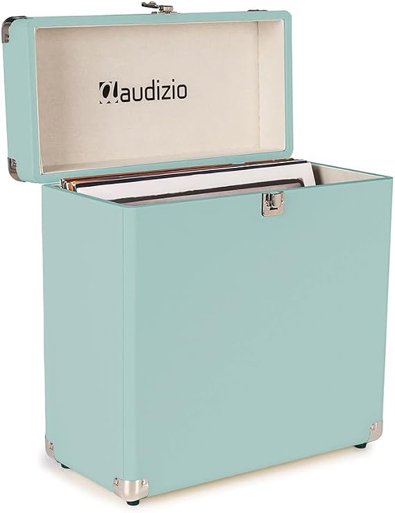 Audizio RC32 Vinyl Record Storage Case - Stylish LP Storage Case, Durable Record Case Holder with Soft Flannel Lining, Holds 30-35 Records, Sturdy Handle, Metal Latch & Hinge, Light Blue Finish