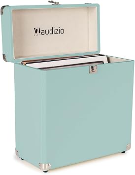 Audizio RC32 Vinyl Record Storage Case - Stylish LP Storage Case, Durable Record Case Holder with Soft Flannel Lining, Holds 30-35 Records, Sturdy Handle, Metal Latch & Hinge, Light Blue Finish